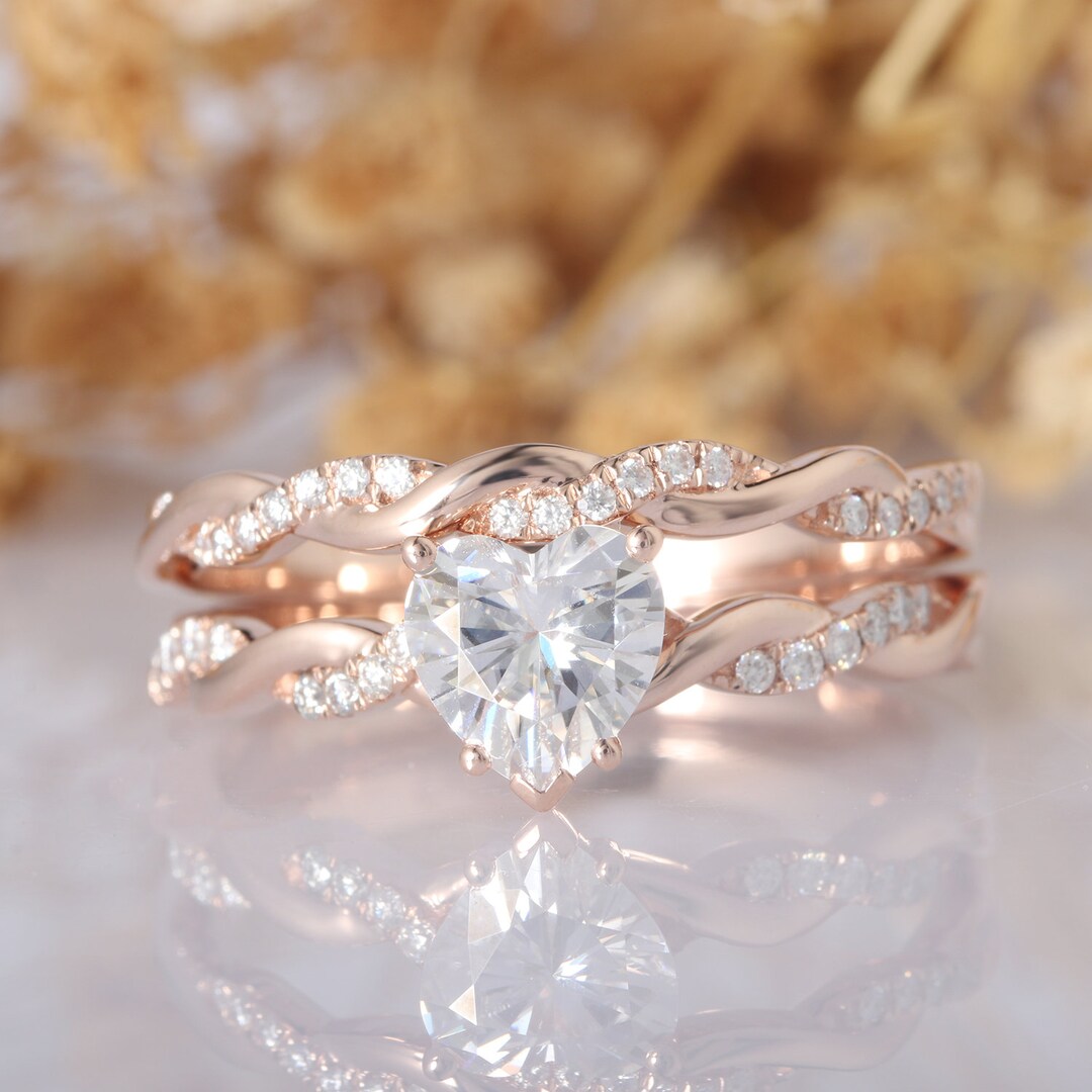 Moissanite Bridal Set, Heart Shape Moissanite Engagement Ring, Rope ...