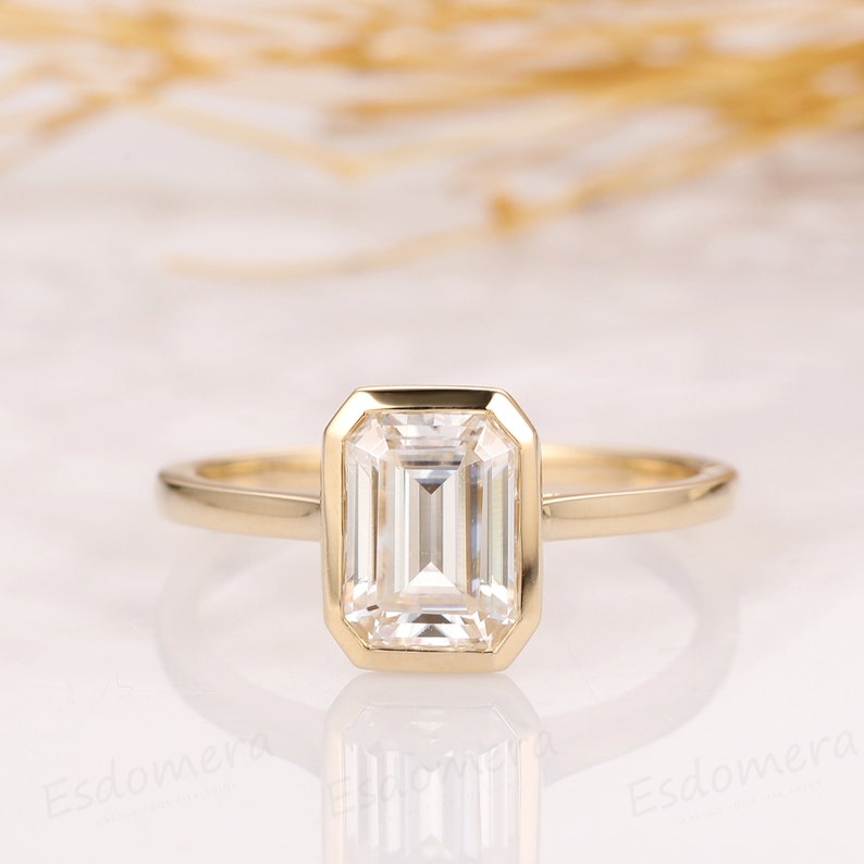 2CT Emerald Cut Moissanite Solitaire Ring, 14K Yellow Gold Engagement Ring, Bezel Setting, Statement Ring, Gift For Her, Anniversary Ring image 1