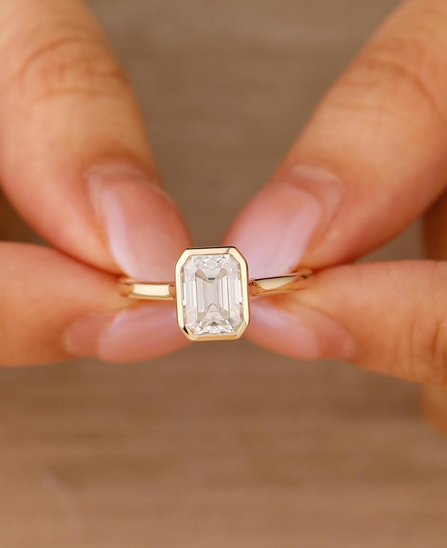 2CT Emerald Cut Moissanite Solitaire Ring, 14K Yellow Gold Engagement Ring, Bezel Setting, Statement Ring, Gift For Her, Anniversary Ring