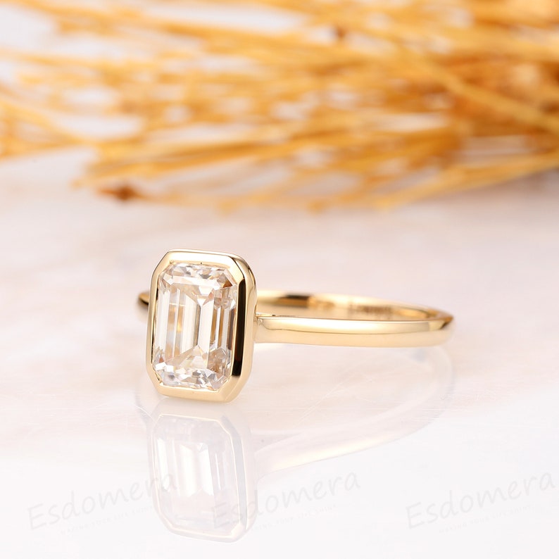 Bezel Setting Ring, 1CT Emerald Cut Moissanite Ring, 14K Yellow Gold Engagement Ring, Anniversary Ring, Bridal Promise Ring, Gift For Her image 3