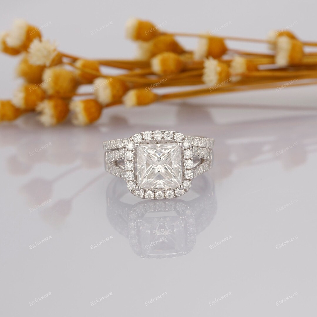 Moissanite Ring Set Princess Cut 3ct Esdomera Moissanite Ring Halo Split Shanks 14k White Gold Engagement Ring Wedding Bridal Set Etsy