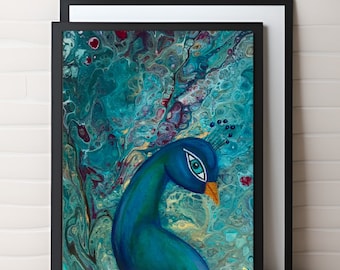 Peacock wall art - Peacock home décor - Whimsical blue peacock art print