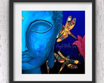 Buddha art print - Dragonfly wall art -  Meditation art - Spiritual art - Feng shui - Zen wall art - Buddha gift idea - Blue Buddha wall art