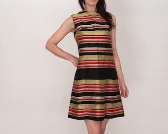 Vintage 1960s mini dress XS women small 60s mod mini striped red gold party colorblock sleeveless evening girls 14 Teen Junior Petite Dress