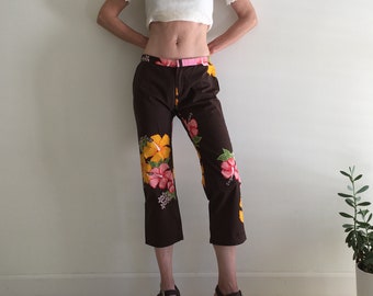 RIPCURL Vintage 90s pants surfer floral capri pant women Small 4 Retro 70s boho Hawaiian flower brown pink red casual summer beach crop pant