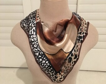 SILK Vintage 80s Leopard animal print scarf/sheer chiffon gold brown 1980s large square neck head scarf or ascot ladies retro gift for women