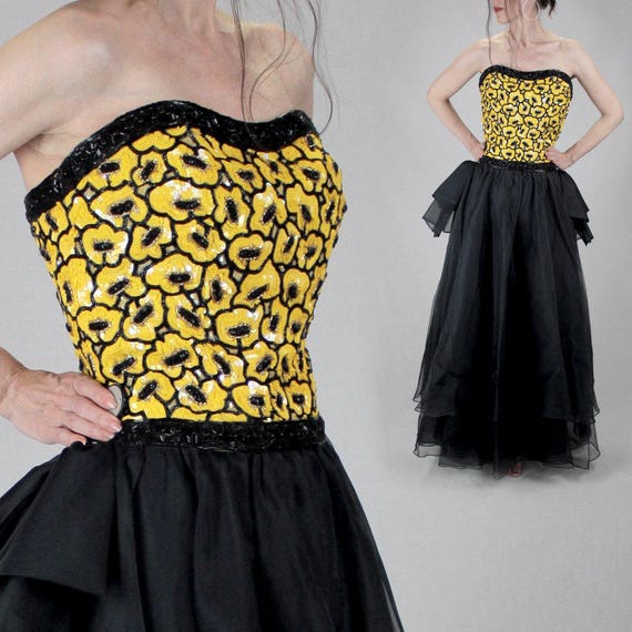 black and yellow formal dress Satin Black Appliques Yellow A Line Prom Dress US2 / Yellow main image 0