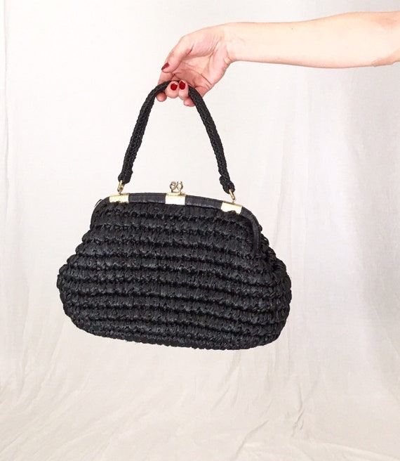 VINTAGE 50s black raffia handbag/40s 1950s Woven … - image 1
