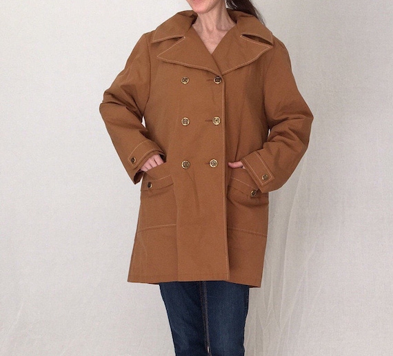 Women Tan Brown Pea Coat Double Breasted Real Leather Jacket