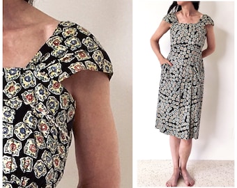 Vintage 1930s cotton dress/30s 40s 1940s dress/apron pinafore pin-up rockabilly sleeveless house housecoat smock novelty print dress small