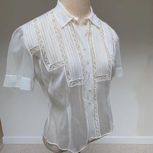 May include: A white sheer blouse with a button-up collar and short sleeves. The blouse features delicate lace trim and pleating details.