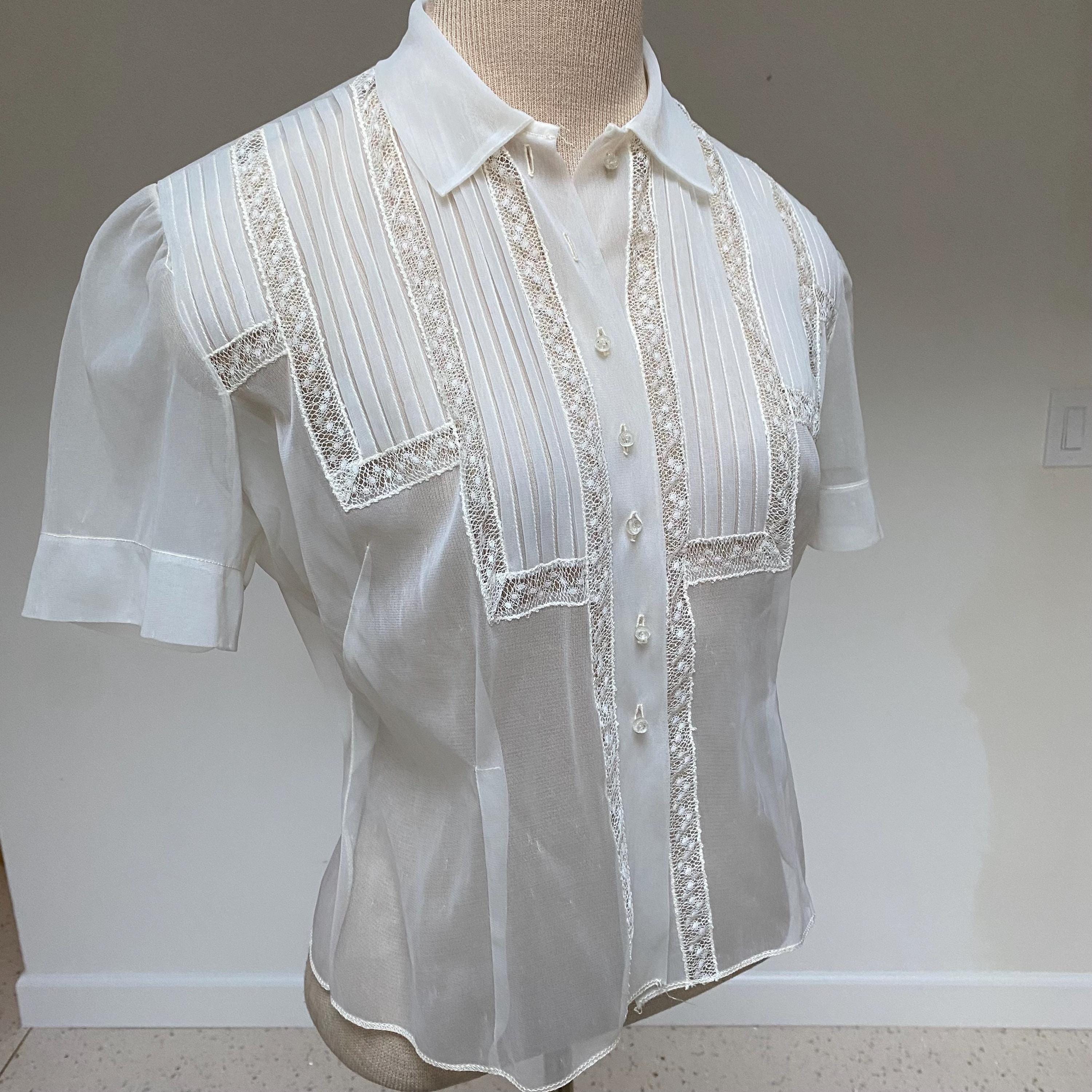 【antique】1830〜1940's France 半袖 レース ブラウス Vintage 1940s White Blouse Women M 6 8 L 40s 30s 1930s 50s 1950s