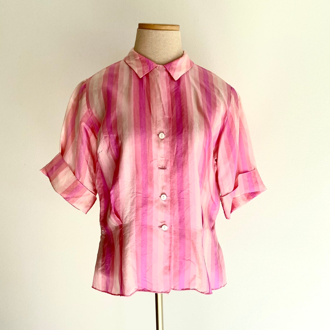 Vintage 50s silk blouse women L 1950s pink pin-up Top striped | Etsy