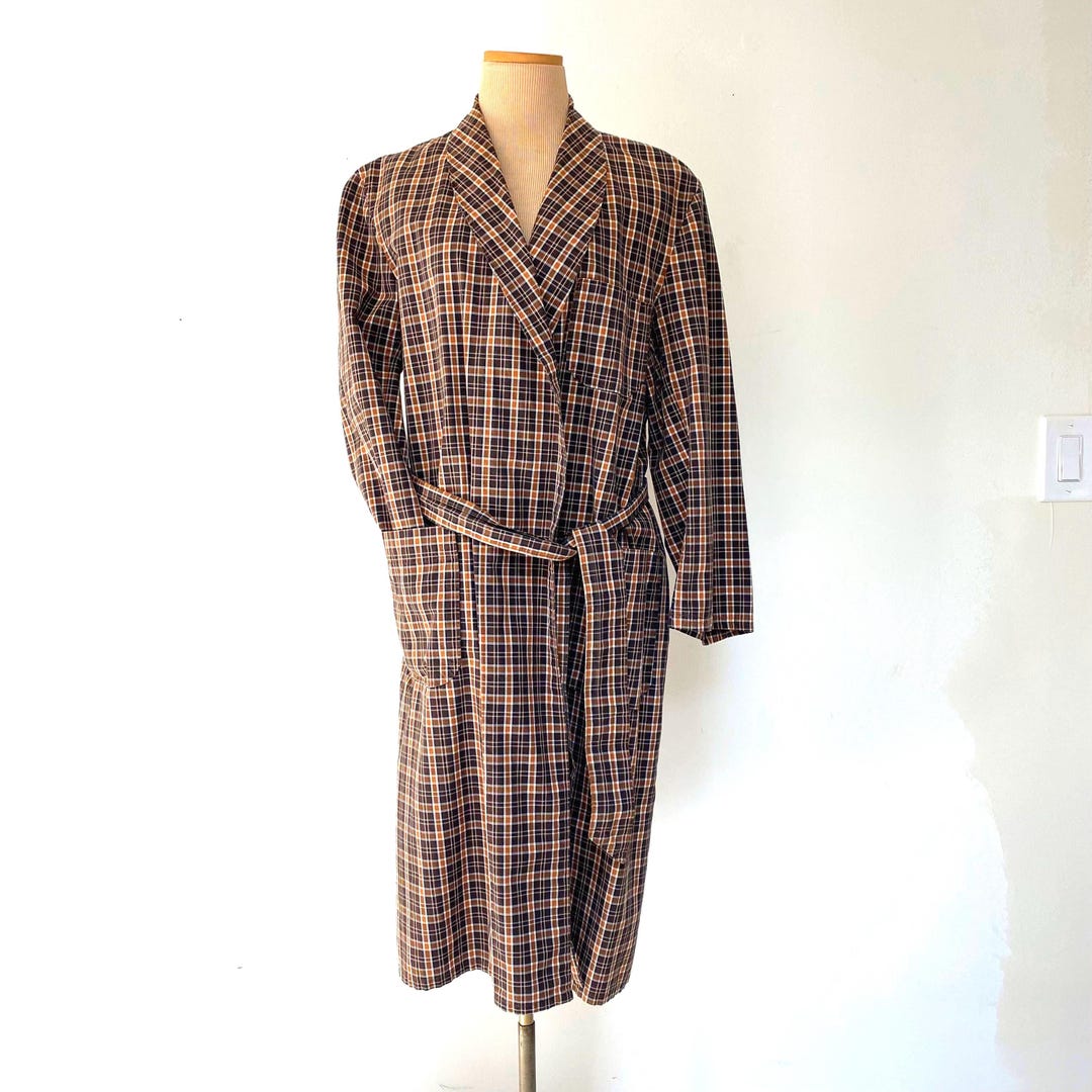 Vintage Men Cotton 1950s Robe M 50s Bathrobe Men's Brown Plaid 1940s ...