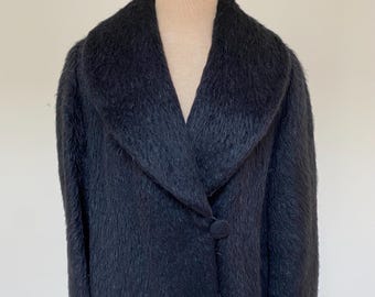Vintage real mohair 1950s black coat women M L large 8/50s long black wool overcoat minimal dress fuzzy fur texture warm winter heavy pin-up