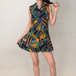 Vintage 60s mini dress mod 1960s 1950s blue skater skirt women xs s psychedelic sleeveless cotton geometric hawaiian Summer scooter romper