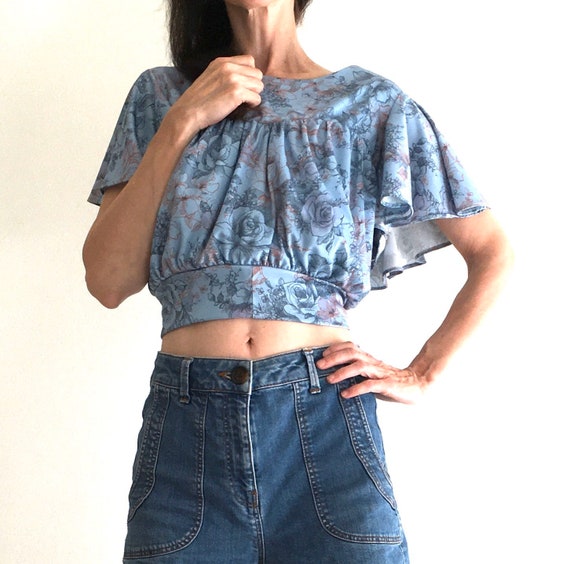 Vintage 70s blue boho crop top women 90s 60s peas… - image 4