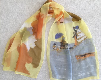 Vintage 70s chiffon scarf/victorian print orange yellow neck scarf or watercolor wall hanging panel decor woman couple dog sailboat art gift