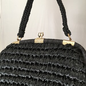 VINTAGE 50s black raffia handbag/40s 1950s Woven rockabilly pin-up 1940s evening bag/large gold brass wwii tiki retro purse image 5