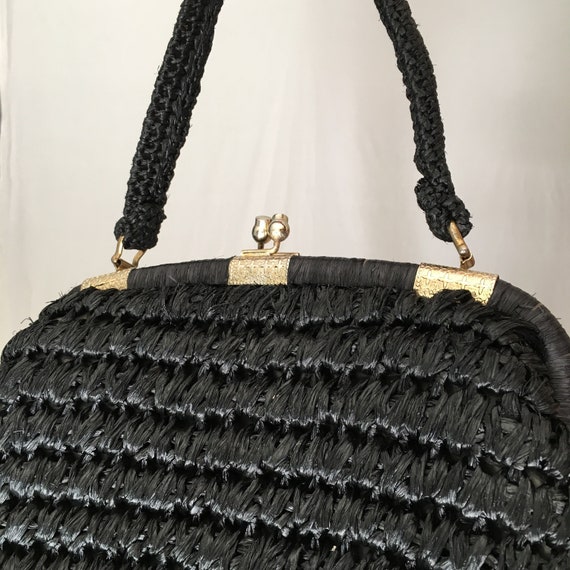 VINTAGE 50s black raffia handbag/40s 1950s Woven … - image 5