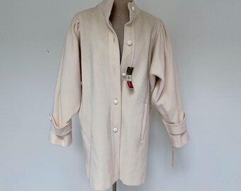 Vintage NEW 80s coat puff shoulder pad 1980s batwing dolman long wool ivory white cream winter jacket women M 6 8 w/tags high neck ruched