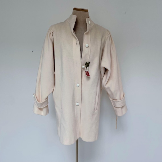 Vintage NEW 80s coat puff shoulder pad 1980s batwing dolman long wool ivory white cream winter jacket women M 6 8 w/tags high neck ruched