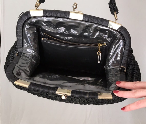 VINTAGE 50s black raffia handbag/40s 1950s Woven … - image 6