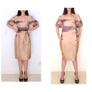 Vintage 1980 dress women 4 6 80s gold big puffy balloon sleeve avant garde maternity cocktail evening bubble skirt abstract bird print dress