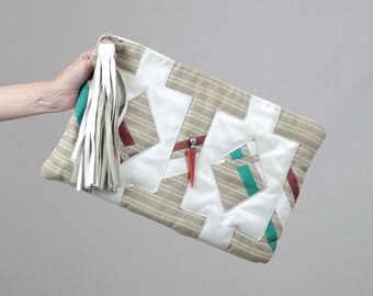Vintage 70s fringe leather handbag/western white designer 1970s 80s boho southwestern woven fabric patchwork purse embellished tassel