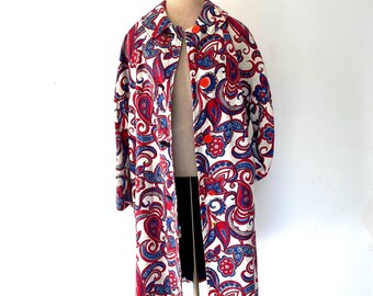 Vintage 60s mod floral coat women M 6/ 1960s 1970s boho red blue long cotton dutch tulip print flower jacket bright peter pan collar dolman