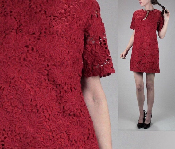 1960s vintage red mini dress/floral red cocktail … - image 1