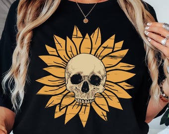 Vintage Sunflower Skull Halloween Shirt, Retro Skelly Statement tshirt, Women's Cute Floral tee Boho Summerween Vibe Spooky Skeleton t-shirt