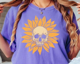 Vintage Sunflower Skull Halloween Shirt, Retro Skelly Statement tshirt, Women's Cute Floral tee Boho Summerween Vibe Spooky Skeleton t-shirt