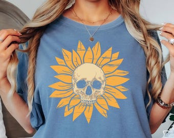 Vintage Sunflower Skull Halloween Shirt, Retro Skelly Statement tshirt, Women's Cute Floral tee Boho Summerween Vibe Spooky Skeleton t-shirt
