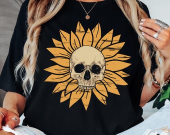 Vintage Sunflower Skull Halloween Shirt, Retro Skelly Statement tshirt, Women's Cute Floral tee Boho Summerween Vibe Spooky Skeleton t-shirt