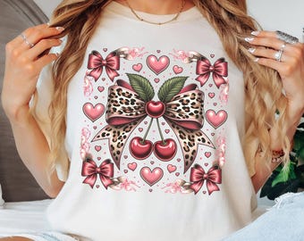 Cherry and Cheetah Bows Shirt, Retro Coquette Cherry Bow Statement tshirt, Women's Cute Leopard Print Hearts tee Vintage Trendy Boho t-shirt