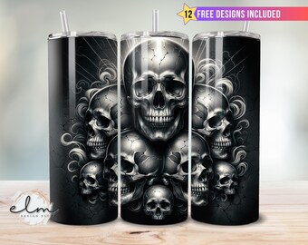 Spooky Skeleton 20oz Skinny Tumbler Sublimation Wrap Design, Scary Halloween Skull Skelly Boo Season Decor Voodoo Witch png Digital Download