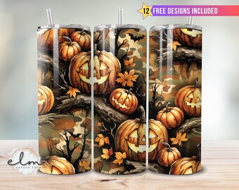 Camo Jack-O-Lantern Tumbler Wrap 20oz Skinny Sublimation Design, Happy Halloween Fall Spooky Camouflage Pumpkin Funny Digital Download png