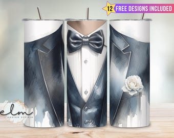 Groom 20oz Skinny Tumbler Sublimation Wrap Design, Gift Bridal Party Best Man Tuxedo Wedding Dress Engagement, Bride Matching Set Available!