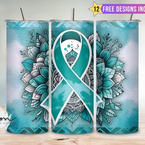 Ovarian Cancer Awareness 20oz Skinny Tumbler Sublimation Design, Teal Ribbon September, Tsunami SAAM PTSD PCOS Anxiety Awareness Tumbler png