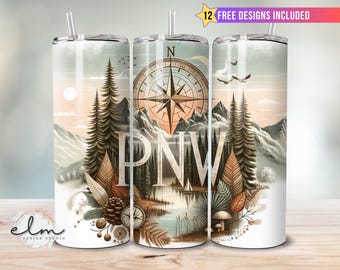 PNW Tumbler Wrap png, Pacific Northwest 20oz Skinny Sublimation Design, Boho Forest Mountains Hiking Outdoors Adventure West Coast Nature WA