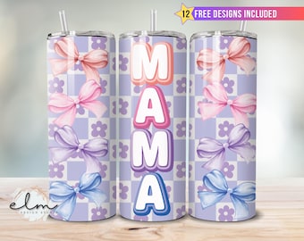 Checkered Mama Tumbler Wrap 20oz Skinny Sublimation Design, Retro Grunge Pink Bows Mom Mother's Day Coquette Bow Momma Digital Download png