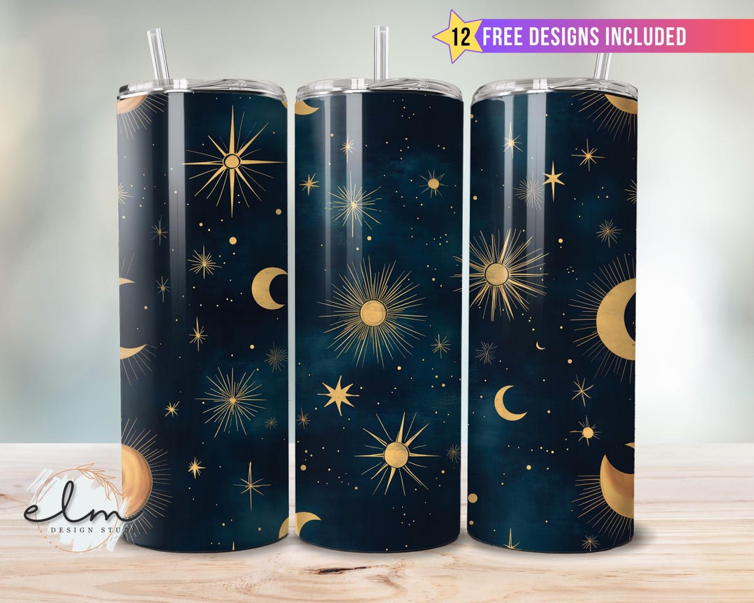 Celestial Crescent Moon and Stars 20oz Skinny Tumbler Sublimation Wrap ...