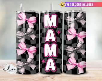 Checkered Mama Tumbler Wrap 20oz Skinny Sublimation Design, Retro Grunge Pink Bows Mom Mother's Day Coquette Bow Momma Digital Download png