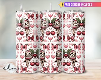 Cherry and Cheetah Bows 20oz Skinny Tumbler Sublimation Wrap Design, Leopard Print Coquette Cherry Bow Seamless Digital Instant Download png