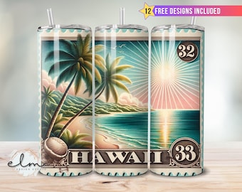 Hawaii Vintage Stamp 20oz Skinny Tumbler Sublimation Wrap Design, USA State Postage Stamps Postal Hawaiian Palm Tropical Beach Vacation png