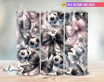 Coquette Soccer Bow Wrap Tumbler 20oz Skinny Sublimation Design Pink Black Bows Football Mom Bougie Glam Checkered Mama Digital Download png
