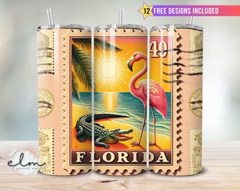 Florida Vintage Stamp State 20oz Skinny Tumbler Sublimation Wrap Design USA Postage Stamps Postal Tropical Beach Vacation Flamingo Gator png