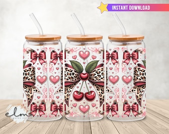 Cherry and Cheetah Bows 16oz Glass Can Wrap Download Sublimation Design Template, Leopard Print Coquette Bow png Libbey sipper jar tumbler