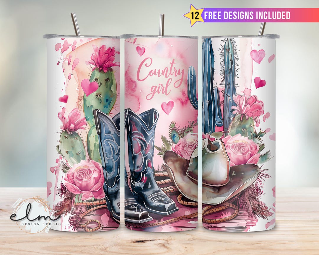 Western Pink Country Girl 20oz Skinny Sublimation Tumbler Wrap Design ...